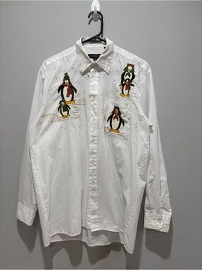 Dimension Embroidered Penguin White Button-Down Shirt Size M